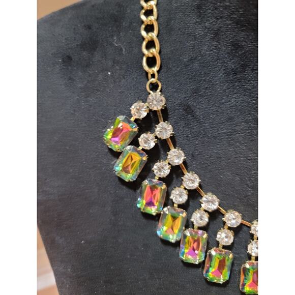 Women's Gold Chain Rainbow Crystal Statement Necklace With Lobster Clasp Lock - Picture 5 of 7